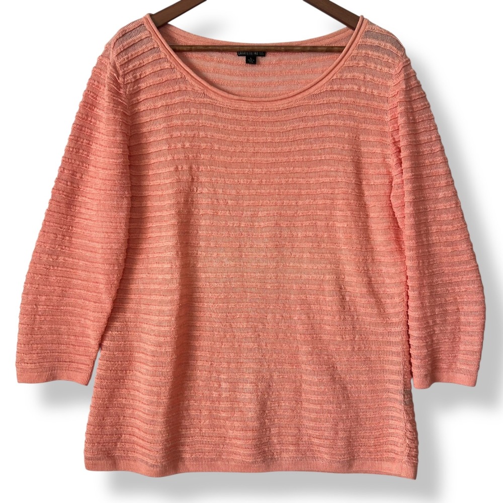 Lafayette 148 Sweater L Pink Coral 100% Linen Textured Knit Lagenlook Coquette